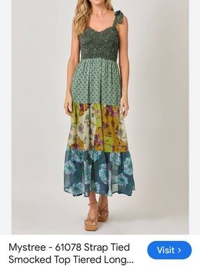 Mystree Multi-Green Tiered Maxi Skirt with Floral Patchwork
